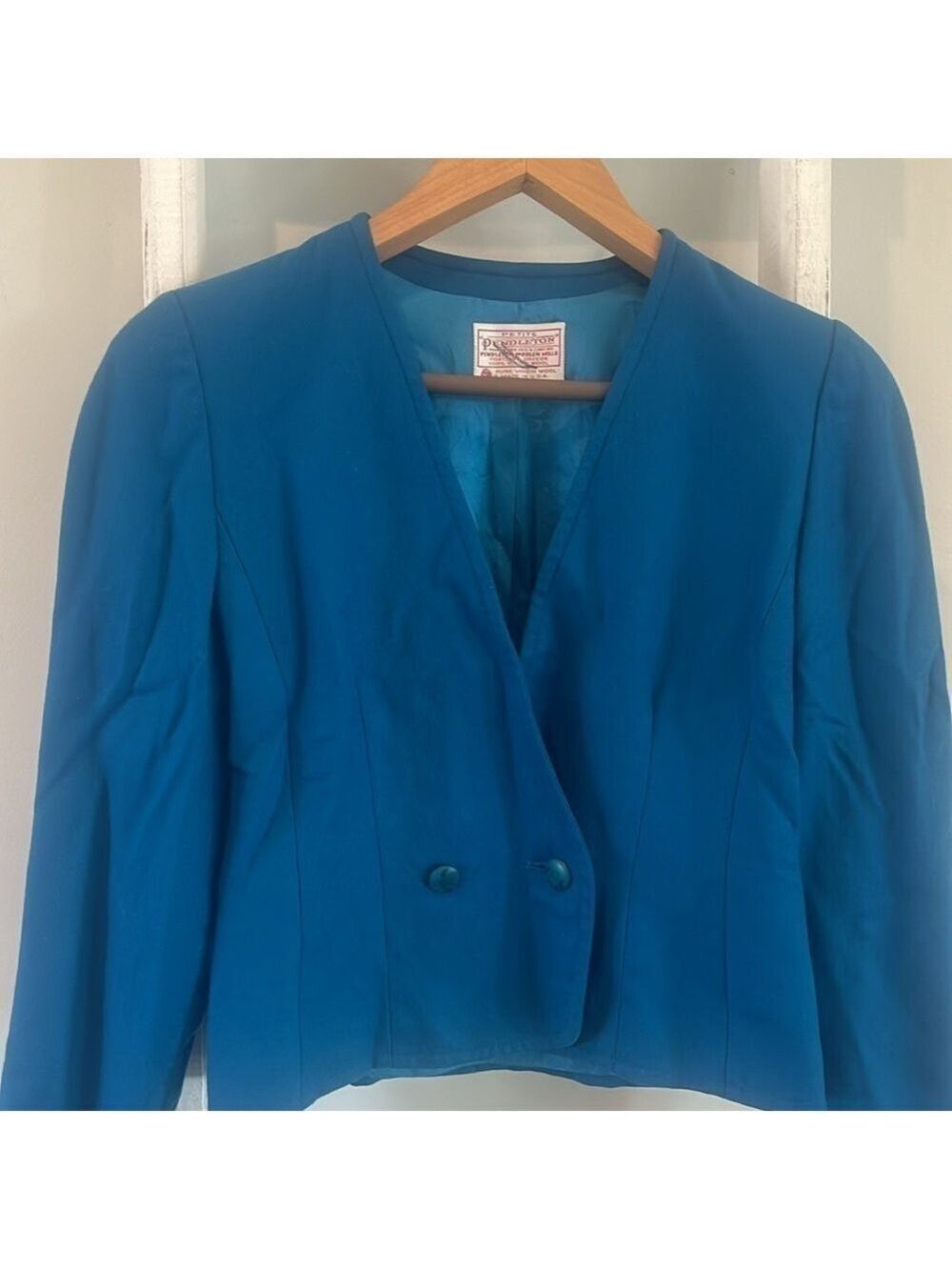 Pendleton vintage cropped wool vibrant blue retro 2 button blazer size 2 - Picture 3 of 10